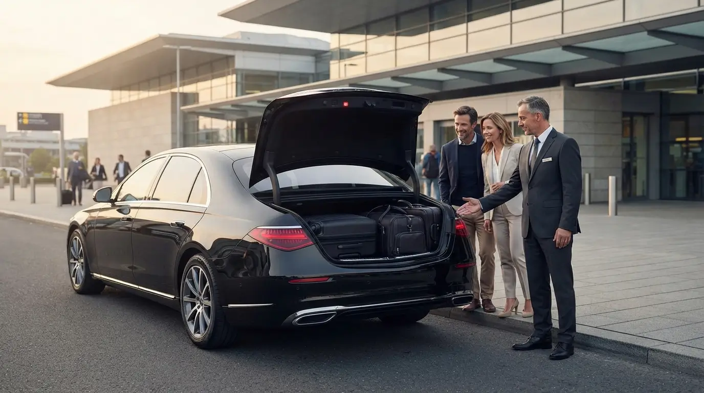 Black executive taxi outside an airport terminal with passenger luggage