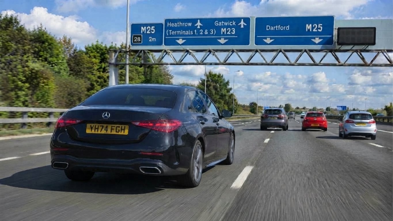 Black taxi travelling from Reading towards Gatwick Airport